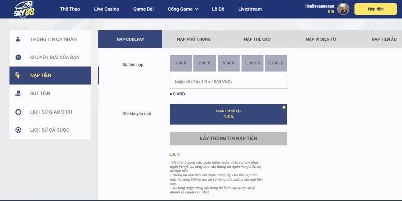Hướng dẫn nạp tiền SKY88 cho cược thủ dễ hiểu nhất